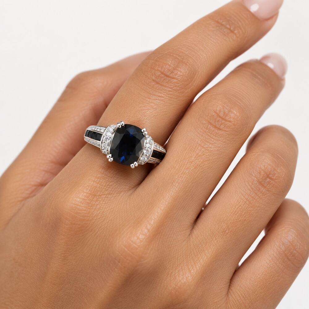 925 Silver Black Sapphire Cocktail Ring Size 10